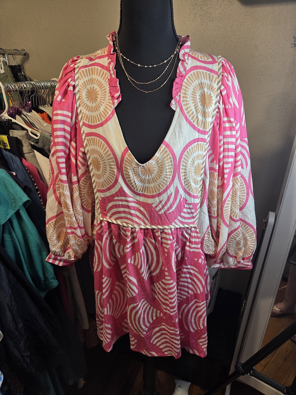 Pink and Cream Printed V-Neck Blouse Dress